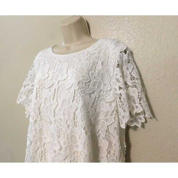 Philosophy Lace Overlay Top XL White Floral Short Sleeve Scoop Neck Lined - Picture 2 of 9